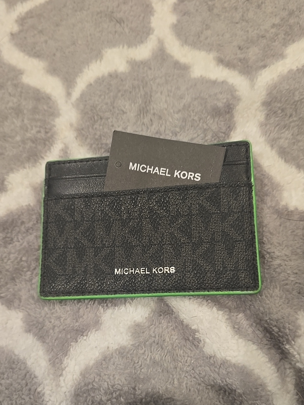 New Michael Kors Black Card Holder with Green Edge Trim